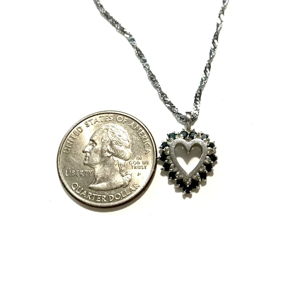 Vintage Silver Tone Heart Pendant Faux Sapphire CZ Accents Open Construction 17